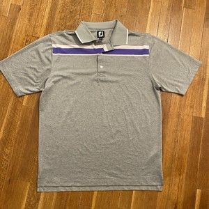 FootJoy Golf Polo Athletic Fit Mens Large Shirt Gray- Lavender White Stripe Logo